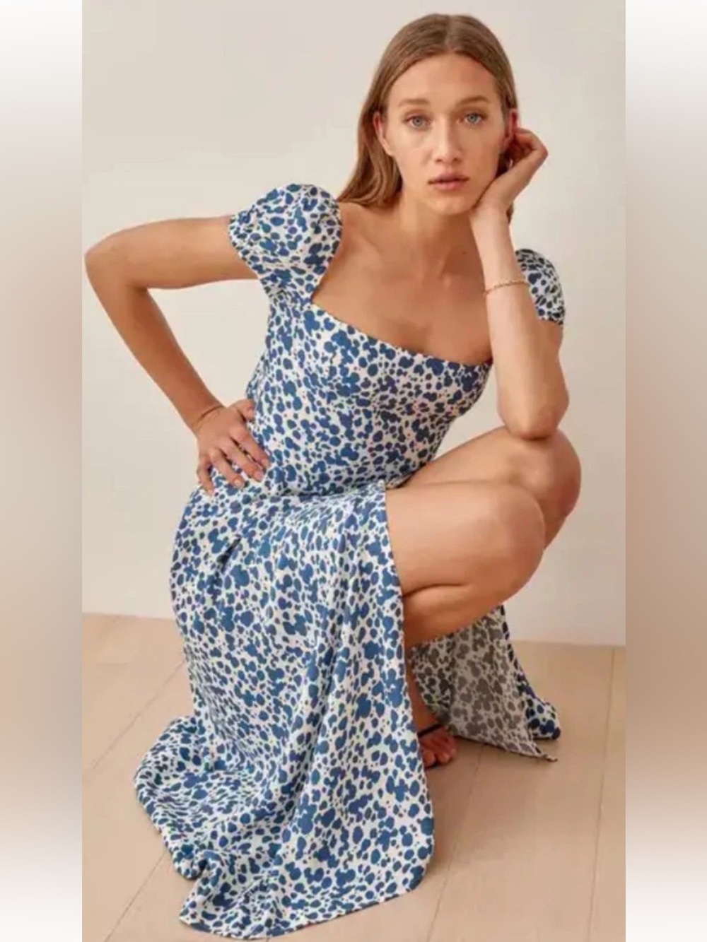 Reformation Sienne Blue and White Puff Sleeve Midi Dress Sz 4